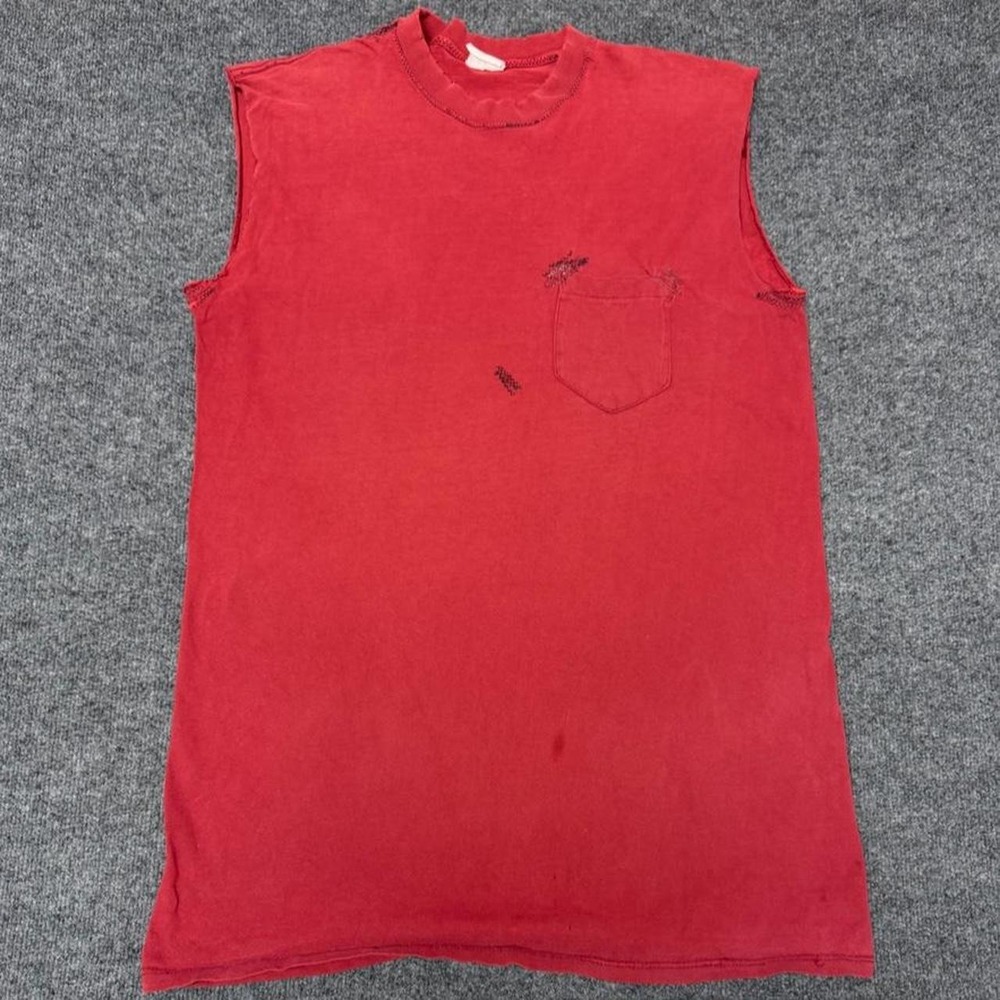 Vintage 90s Red Patched Repaired Cut Off Pocket Tee Shirt Mens XL Distressed